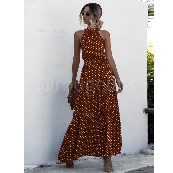 Polka Dot Brown Maxi Dress Tie Belt High Halter Neck - Picture 6 of 8